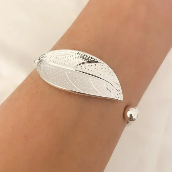 925 Sterling Silver Leaf Bracelet Adjustable Bangle Cuff Statement Bracelet - Picture 1 of 6